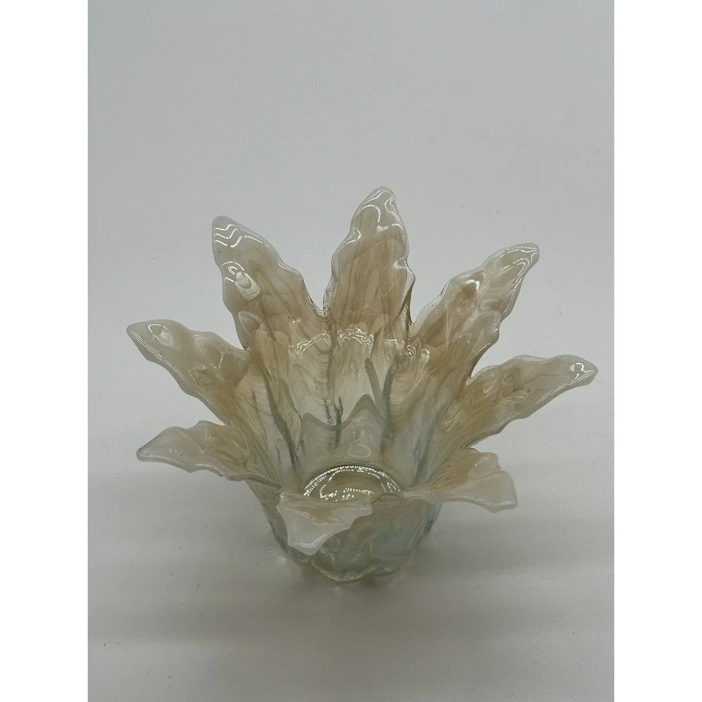 Handmade Iridescent Cream Glass Flower Bowl - Decorative Home Accent
